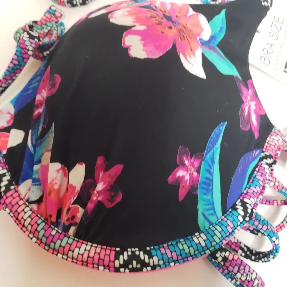 NWT Sundaze harper 2pc black pink multi floral bikini swimsuit 32 B/C LG large